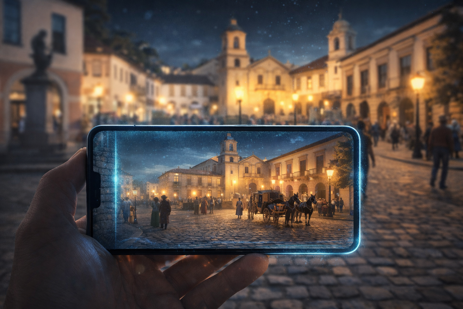 Plaza histórica con recreación nocturna en AR